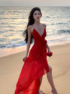 法式性感露背红色雪纺吊带连衣裙女夏季生日礼服海边度假沙滩长裙
