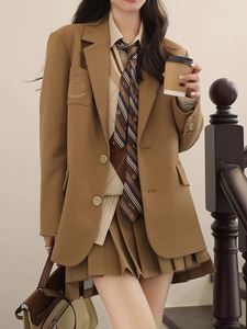 韩系学院风西装外套女秋冬装高级感西服jk制服复古百褶裙两件套装