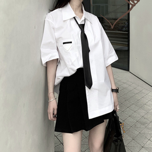 jk制服甜酷白色衬衫女夏季薄款短袖上衣设计感小众学院风套装全套