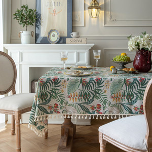 桌布北欧绿色植物美式复古竹节麻流苏桌布长方形餐桌台布长方形