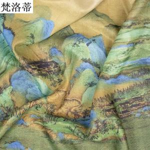 新款里江山图古风千料古代字画花数码印汉服襦布裙面料雪纺闪光麻