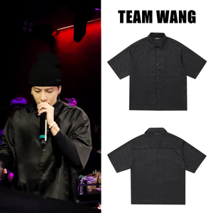 TEAM WANG王嘉尔同款字母提花衬衫复古宽松休闲男女短袖黑色衬衣