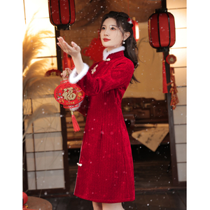 红色旗袍2024新款冬季加绒敬酒服拜年服大人新年战袍女装过年小袄