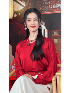 明星刘诗诗同款新中式女装深冬装搭配一整套红色衬衫两件套装新年