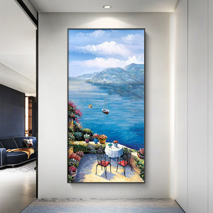 法式欧式玄关地中海手绘油画走廊过道风景客厅竖版挂画大海装饰画