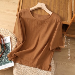 休闲苎麻短袖T恤女夏季2024年新款中年妈妈宽松上衣纯色棉麻小衫