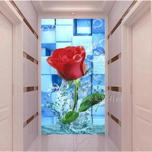 2024新款走廊DIY方钻满贴钻石画手工十字绣水中3D红玫瑰玄关竖版