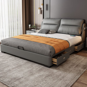 佐慕多功能真皮床现代简约床高端大气2米x2米主卧室大床软包床