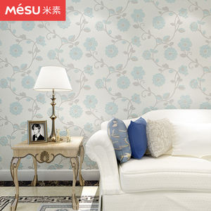 米素 田园风格壁纸温馨卧室沙发壁纸无纺布墙纸3d客厅茉莉 蓝花