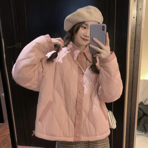 粉色短款夹棉棉服女小个子2024年新款秋冬季韩版宽松菱格棉袄外套