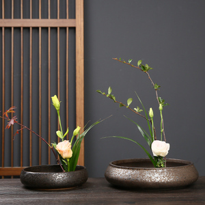 陶瓷插花器皿中式日式禅意剑山小原流插花用的圆花盘花盆花道艺术