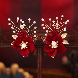 古风汉服新娘头饰对夹手工红色绒花边夹发夹中式简约百搭喜庆花朵