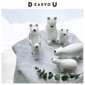 DEARYOU日本进口T-lab木质动物摆件手作北极熊摆件白熊玩偶木雕