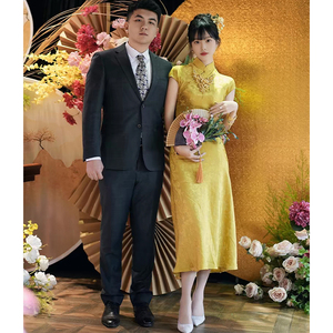 晨袍敬酒服新娘2024新款中式旗袍黄色订婚礼服连衣裙修身平时可穿