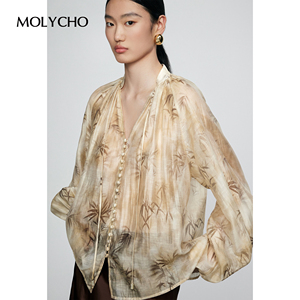 MOLYCHO 新中式V领飘带衬衫女夏季薄款宽松印花上衣防晒衬衣外套