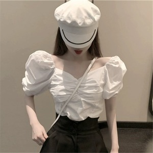 法式方领泡泡袖绝美上衣女高级感夏季短款设计感小众短袖白色衬衫
