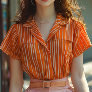 时尚流行橙色竖条纹正肩V领短袖衬衫女夏季新款优雅百搭绝美衬衣