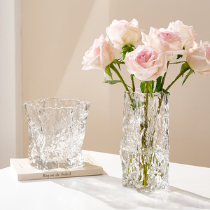 新款冰川花瓶透明轻奢风客厅餐桌水养鲜花插花轻奢玻璃摆件高级感