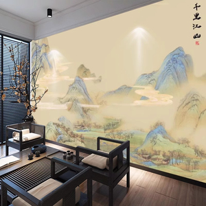 新中式墙布千里江山图壁纸汉服拍照摄影壁画酒店餐厅茶室背景墙纸