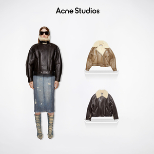 Acne Studios女士皮毛一体羊皮毛绒夹克翻领短款亮面皮衣夹克外套