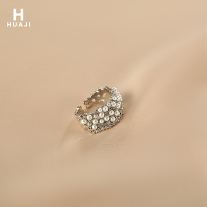 花迹珍珠戒指女小众设计高级感复古食指戒时尚个性开口可调节指环