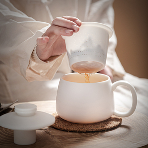 白瓷羊脂玉带盖过滤办公杯带内胆茶水分离水杯个人陶瓷大号泡茶杯