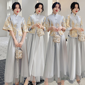 中式伴娘服2024新款秋冬复古中国风秀禾长袖婚礼结婚姐妹团礼服裙