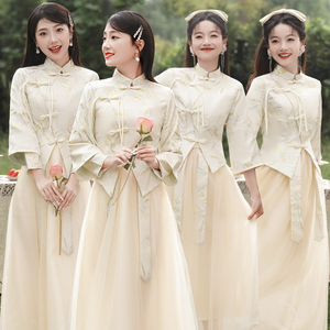中式伴娘服2024新款冬季长袖显瘦中国风婚礼姐妹团礼服裙胖mm大码