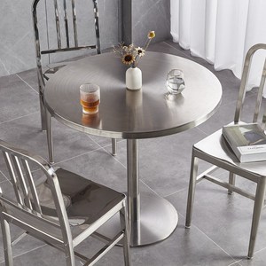不锈钢吧台桌实木餐桌组合休闲家用饭桌奶茶店阳台小圆桌子牢固