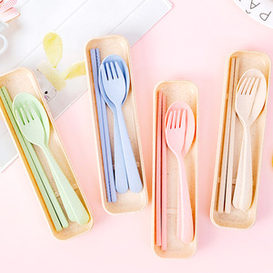 便携筷子勺子套装单人小麦秸秆餐具三件套日式学生可爱筷子收纳盒