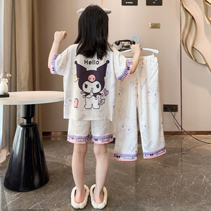 日本日式JHMO新款儿童睡衣夏季冰丝薄款三件套女童短袖大童女孩家
