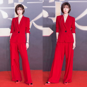 卢珊明星同款小香风红色西装套装女韩版西服宽松直筒阔腿裤两件套