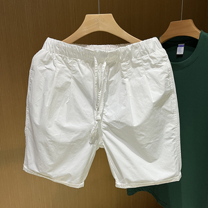 夏季薄款休闲五分裤男士宽松短裤直筒中裤白色系带松紧腰沙滩裤子