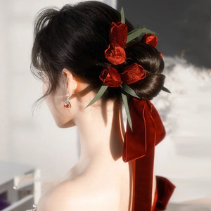 新款丝绒玫瑰花苞简约时尚结婚套装红色新娘敬酒服头饰礼服发饰品