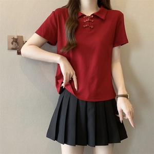 新中式国风红色短袖T恤女夏装大码胖mm显瘦正肩Polo领打底衫上衣