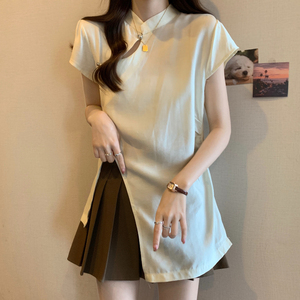 新中式国风短袖衬衫女夏装大码胖妹妹显瘦设计感开叉改良旗袍上衣