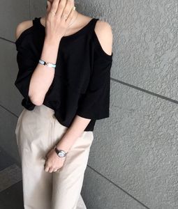 大版奥代尔纯棉短袖T恤女2024年夏季新款欧货露肩吊带潮纯色上衣