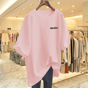 纯棉白色字母宽松短袖T恤女夏2024新款粉色欧货大版中长款上衣ins