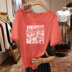 橙红色宽松短袖T恤女大领口2024夏季新款竹节棉欧货大版潮牌上衣
