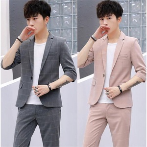 男中袖格子西装套装韩版修身七分袖九分裤西服三件套夏季气质正装