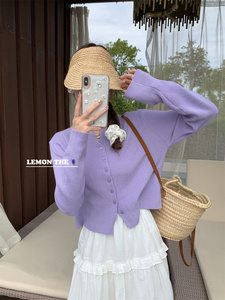 浅紫色V领短款长袖针织防晒衫女2024春韩版吊带外搭披肩薄外套