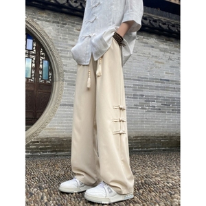 新中式国风裤子男夏季薄款高级感垂感直筒休闲长裤男装国潮盘扣裤