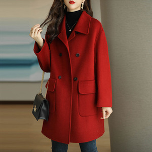 高级感红色羊绒大衣女2024秋冬新款大码韩版加厚宽松毛呢西装外套