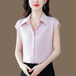 杭州真丝衬衫女短袖2024新款夏装桑蚕丝上衣高端缎面时尚无袖衬衣