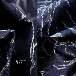 藏青色烧花桨破洞牛仔布再造镂空裂痕纱底透明创意服装特殊布料