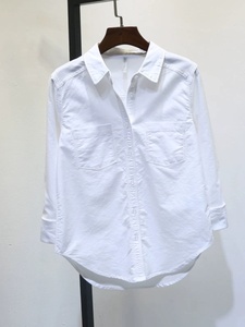 春季韩版长袖双口袋POLO领小众白色衬衣基础款百搭纯棉衬衫女士