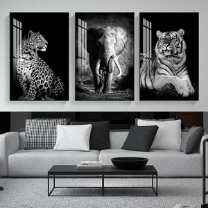 办公室客厅狮子装饰画老虎壁画大象玄关艺术画黑白挂画轻奢高级感