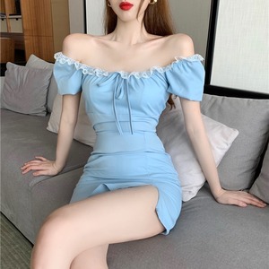 法式蓝色蕾丝边系带包臀裙子女夏季新款收腰性感别致纯欲风连衣裙