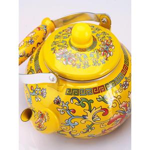 西藏式牛马牌格桑花缠枝纹茶壶敬水黄色餐具酥油茶具民族特色搪瓷