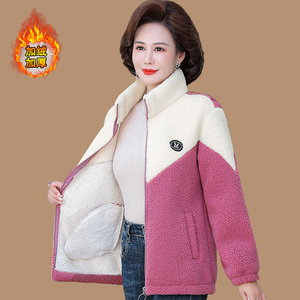 妈妈装冬季羊羔毛棉服外套中老年女装洋气颗粒绒短款加绒加厚棉衣